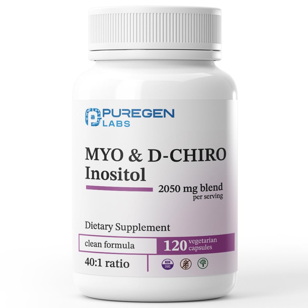 Puregen Labs Inositol Supplement- 124; Myo Inositol & D- Chiro Inositol 2050mg - 120 Veggie Caps - 124; Ingen Farlige Tilsætningsstoffer - 124; Non- GMO, NO Gluten og Dairy - Made in USA