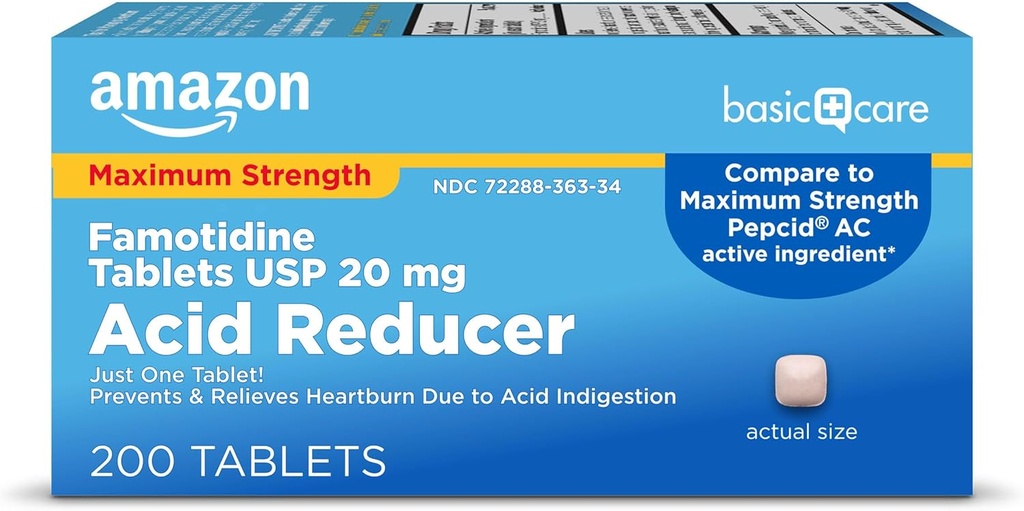 Basic Care Maximum Strength Famotidine Tablets 20 mg, Acid Reducer Pills for Heartburn Relief, 200 Greve (Emballage kan variere)