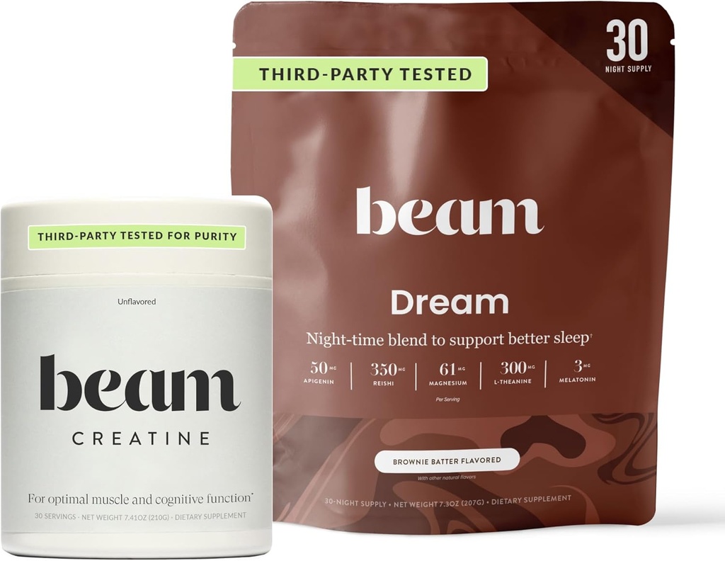Beam Dream Sleep Powder & Creatine Bundle, Tredjeparts Testet Natural Sleep Aid & Recovery Supplement med mikroniseret Creatin Monohydrat, Unflavored Pure Creatin Powder for Muscle Strength, Energy