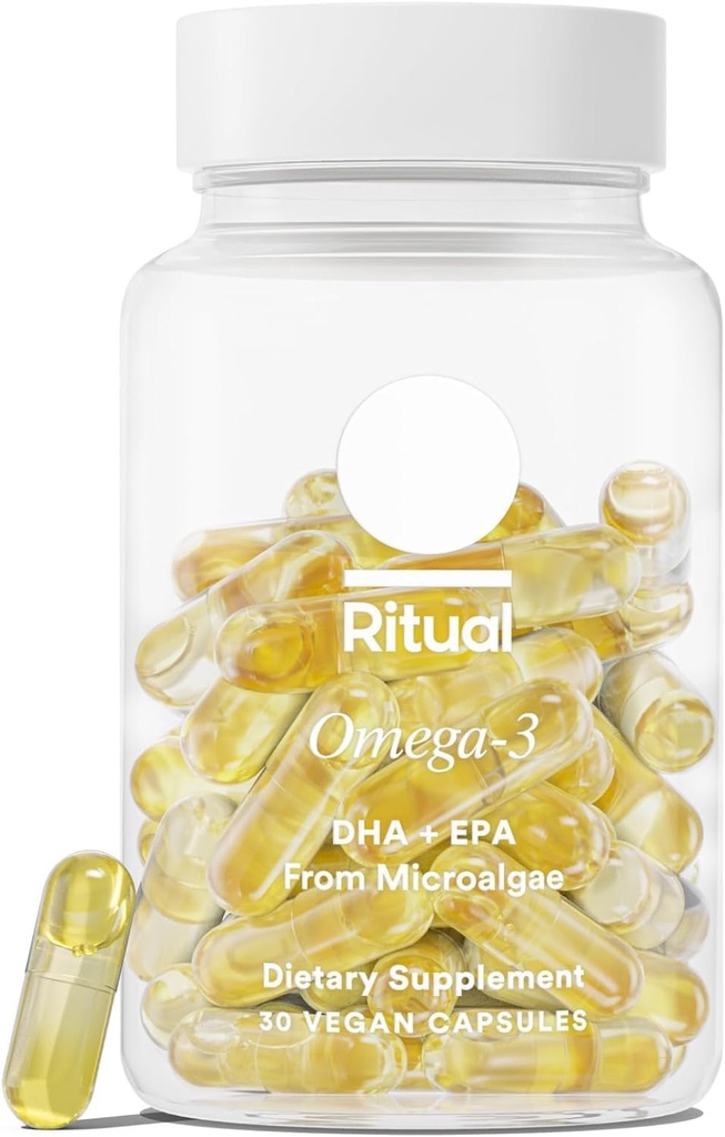 Ritual Omega 3 - Vegan - Science- Backed Dosis of DHA & EPA Fedtsyrer i 2: 1 Ratio, Biotilgængelig, Brain og Heart Health Support, Minimal Burp-Back, bæredygtigt souced mikroalger, 30 dages forsyning