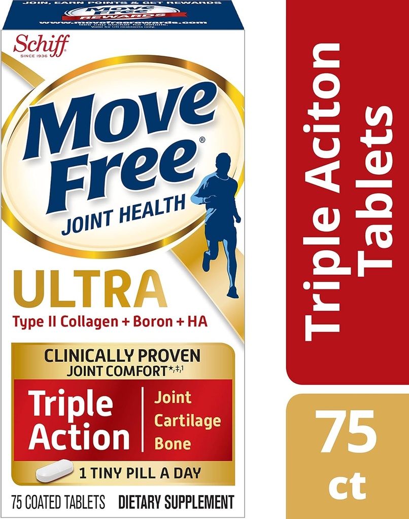 Flyt gratis type II kollagen, bor & HA Ultra Triple Action Tablets, Flyt gratis (75 Tæl i en flaske) 1 ea (pakke med 3)