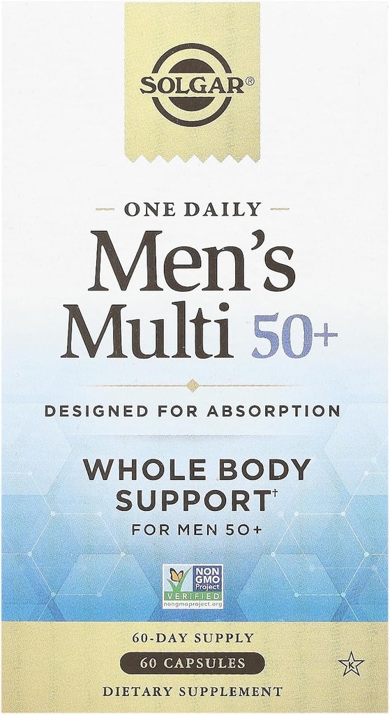 Solgar One Daily Men 's Multi 50 + hele kroppen støtte til mænd 50 og ældre meget Absorbable Delayed Release Heart, Energy, Stress, Muskel, Ben, Prostata Support Vitamin 60 Vegansk Kapsler, 60 Servering