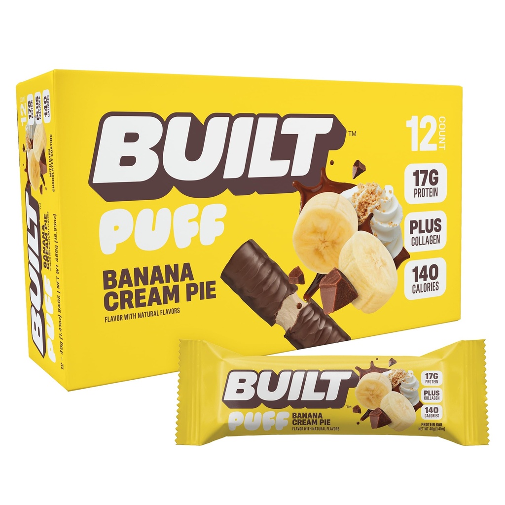 Bygget bar, Puff Protein Bars, Banan Cream Pie Puff, 17g Protein Snacks, On- The- Go Bars, Kun 140 kalorier, 6g Sukker, Collagen, Gluten Free, 12 Greve
