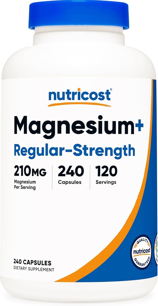 Nutricost Magnesium + Regelmæssig Styrke (210mg, 240 kapsler) - 120 Servering, Lavet med Magnesium Glycinate og Oxide, Non- GMO, Gluten Free og Vegansk Friendly
