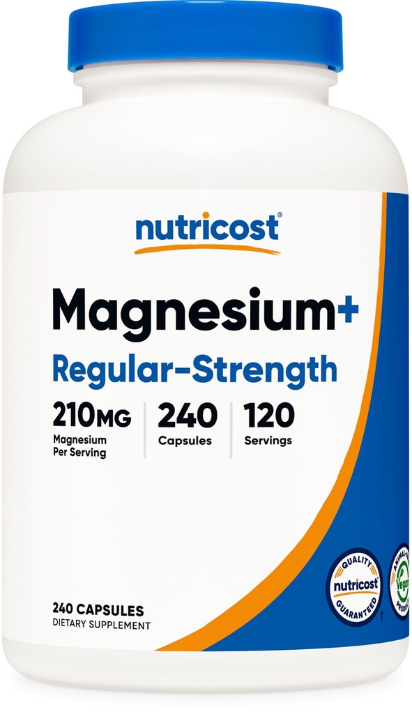 Nutricost Magnesium + Regelmæssig Styrke (210mg, 240 kapsler) - 120 Servering, Lavet med Magnesium Glycinate og Oxide, Non- GMO, Gluten Free og Vegansk Friendly