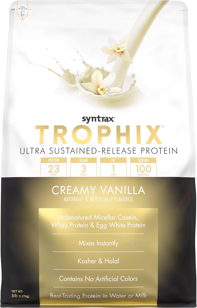 Syntrax Nutrition Trophix, Ultra Sustained- Release Protein Powder Blend, Creamy Vanilla 5 lbs, Real Vanilla Ben Specks