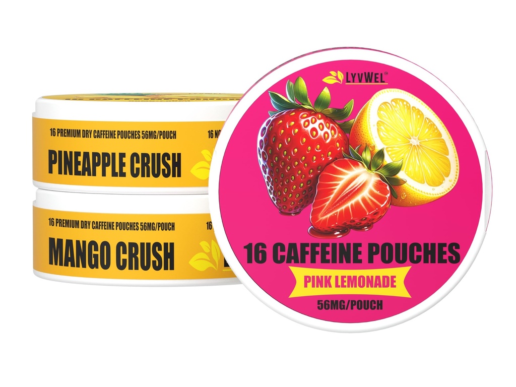 LyvWel 56mg koffein Energy Pouches - Pink Lemonade, Pineapple Crush, Mango Crush - Fruity Clean Energy & Focus Boost med Guarana - 3- Pack Sampler (48 Total Pouches)