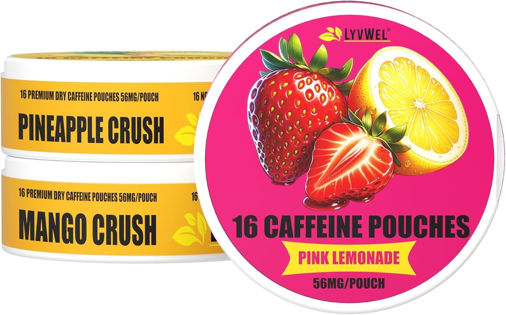 LyvWel 56mg koffein Energy Pouches - Pink Lemonade, Pineapple Crush, Mango Crush - Fruity Clean Energy & Focus Boost med Guarana - 3- Pack Sampler (48 Total Pouches)