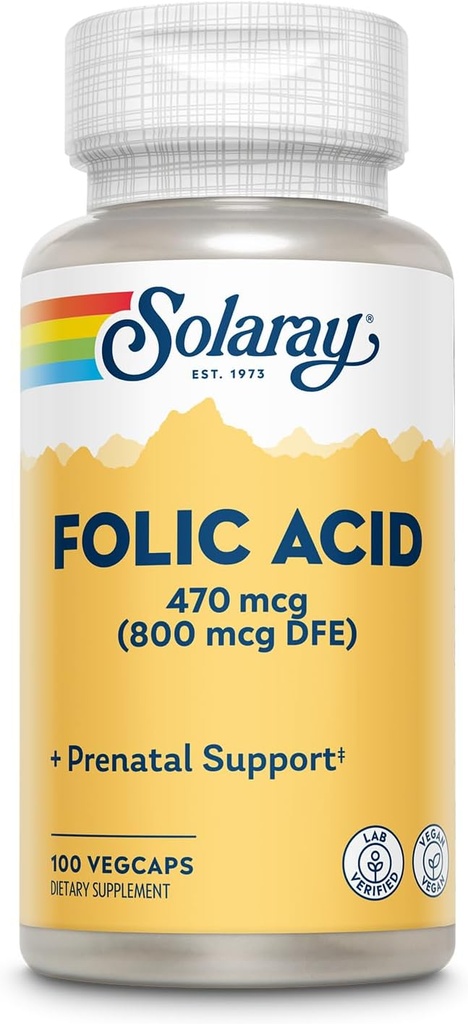 SOLARAY folinsyre - B9-vitamin folinsyre tillæg, Prenatal Vitamin - blodcelle udvikling support - Vegan, Lab Verified, 60- dag garanti - 100 Servere, 100 VegCaps