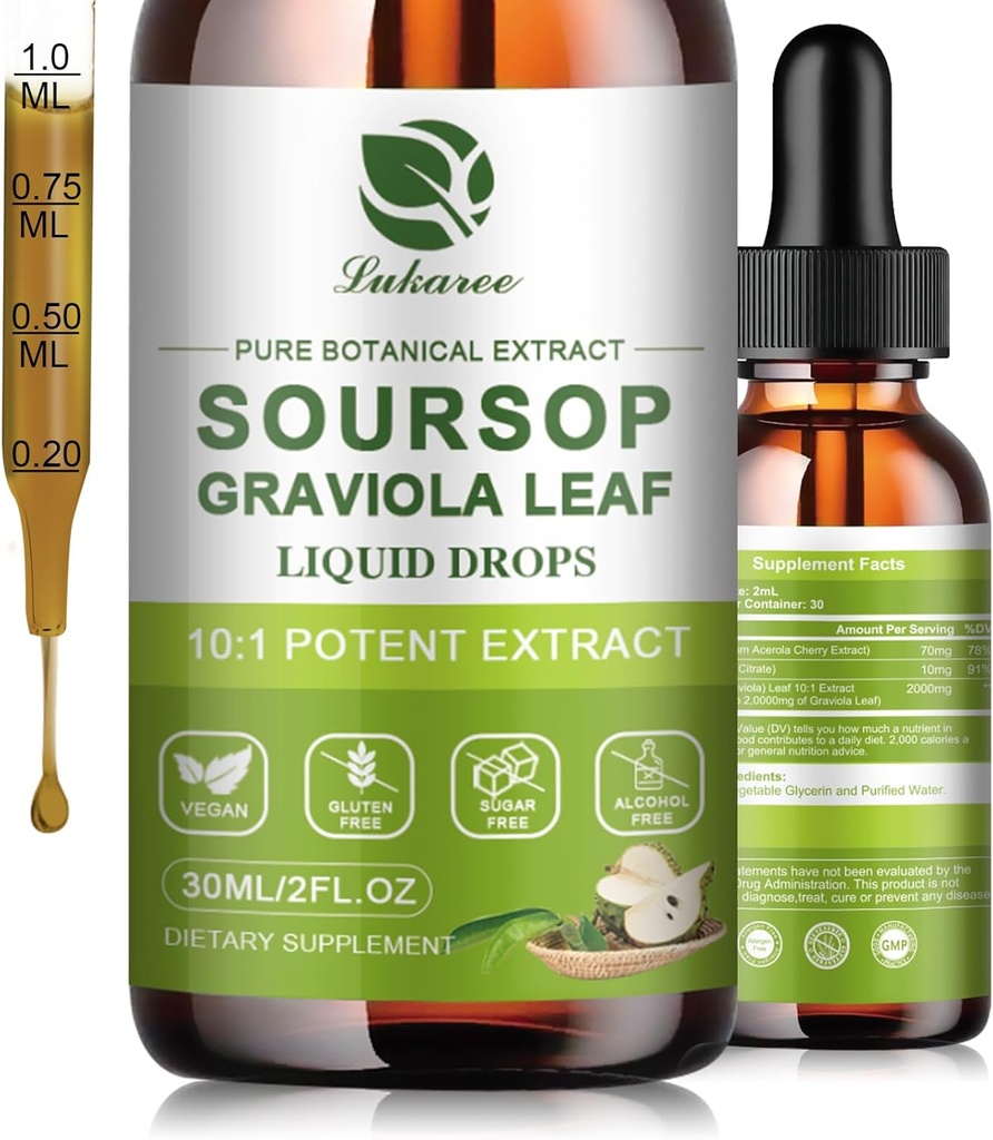 Nature Soursop Bitters Liquid, 15 dages levering Graviola Oil for Cell Support & Regeneration, Antioxidant, immunboost, fordøjelsesfremmende, sukkerfri, Glutenfri, Sour SOP Multivitamin Drops 1 FL OZ