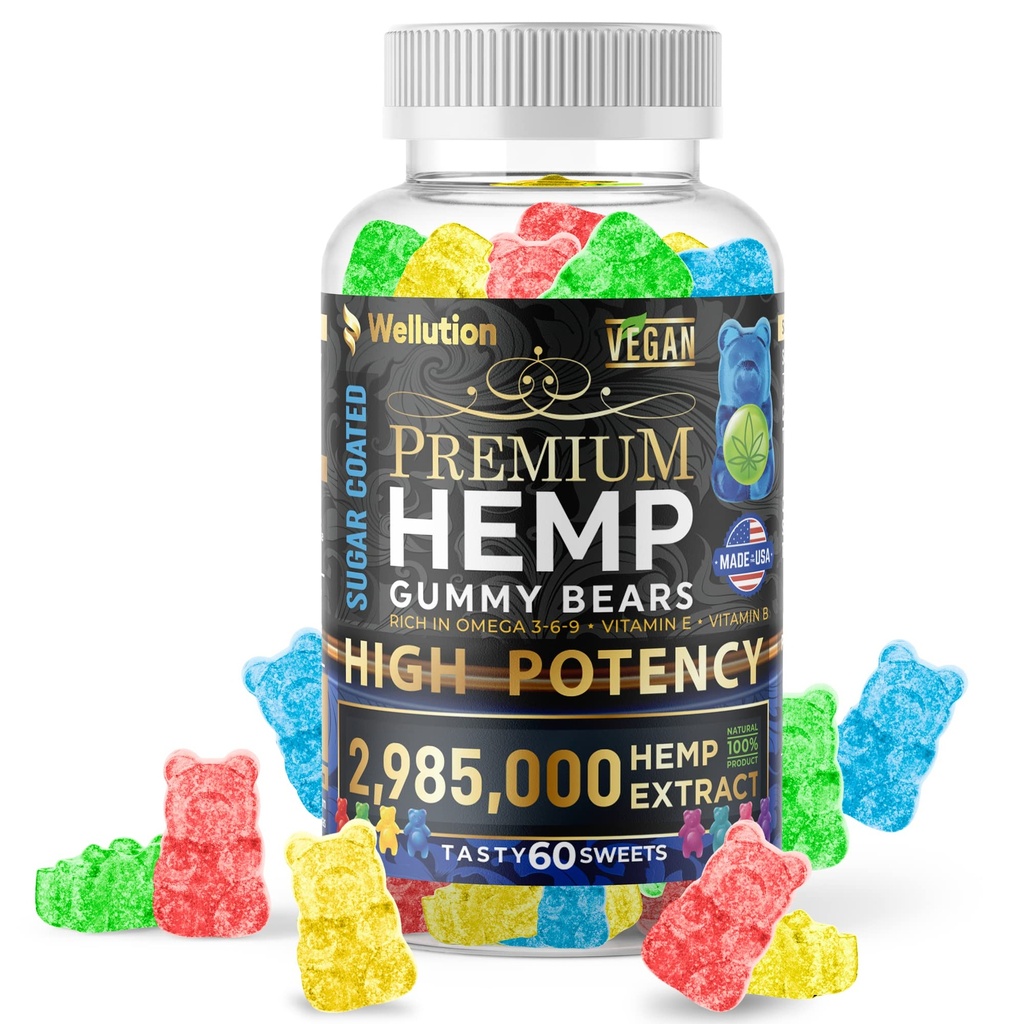 WELLUTION Sugar- coated Hamp Gummies - High Potency 2,985,000 MCG - Natural Fruity Bears for Afslapning og Fred - Fast- Fungerende - 60ct