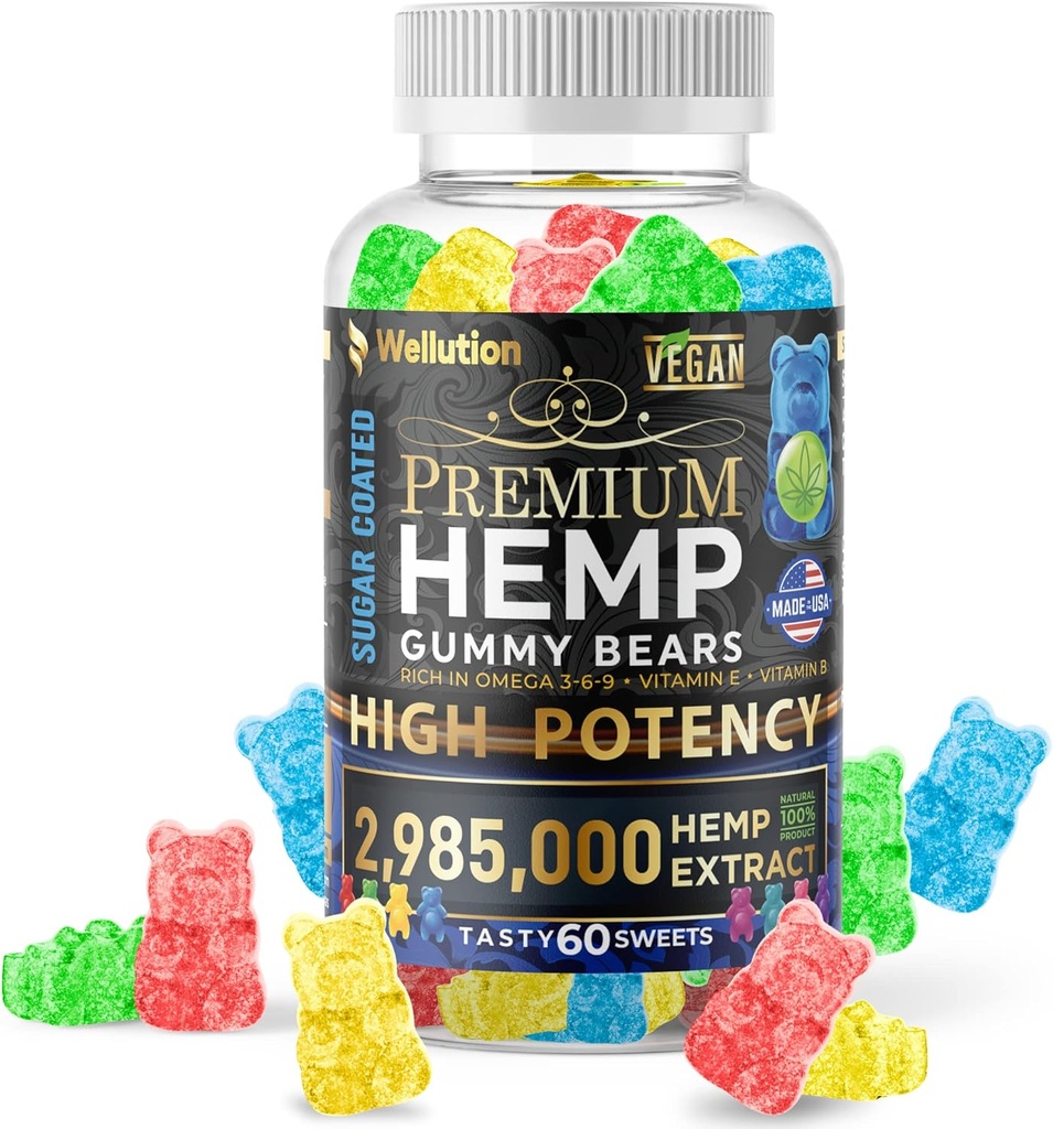 WELLUTION Sugar- coated Hamp Gummies - High Potency 2,985,000 MCG - Natural Fruity Bears for Afslapning og Fred - Fast- Fungerende - 60ct