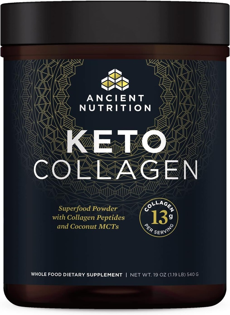 Ancient Nutrition Keto Collagen Powder Drink Mix, Keto Diet tillæg med MCT, Hydrolyzed Collagen Peptider til støtte sund hud og joints, 30 Servere, 19 oz (Packaging May Vary)