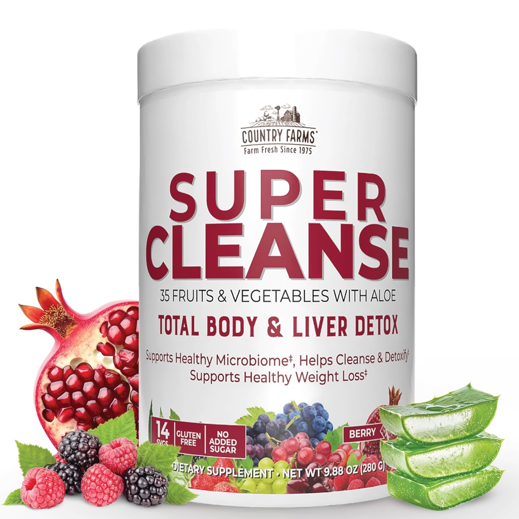 Country Farms Super Cleanse, Super Juice Cleanse, Understøtter sundt fordøjelsessystem, 34 Frugter og grøntsager med Aloe, fremmer naturlig afgiftning, Drik pulver, 14 Servere, 9.88 Ounce