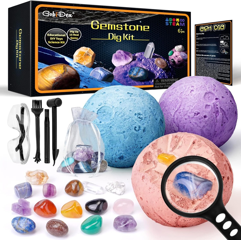 GobiDex Gemstones Dig Kit, Solar System Science Kit for Kids, Excavate 15 Real Gems, STEM Undervisningsrum Legetøj Planet Collection Kit, Arkæologi Geologi Science Projects Gave for Boys & Girls Age 6 +
