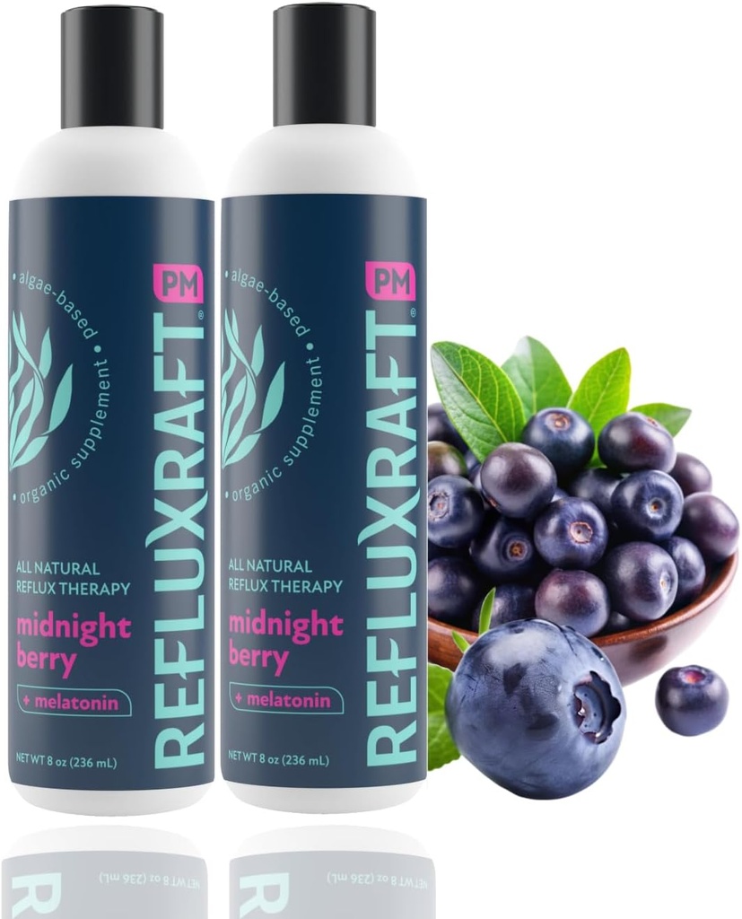 Syrerepeterapi PM, Organic Alginate & Melatonin, Rapid & Lasting Gerd, LPR & fordøjelsessymptomstøtte, Zero Sugar, Gluten Free, Midnight Berry, 47 Gel Serveringer Per 8 OZ flaske, 2 Pack
