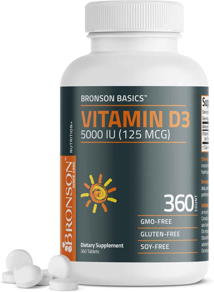 Bronson Vitamin D3 5000iu (125mcg) 1 år Tilgang til sund muskelfunktion og immunforsvar, non- GMO, 360 tabletter