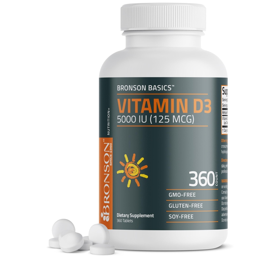 Bronson Vitamin D3 5000iu (125mcg) 1 år Tilgang til sund muskelfunktion og immunforsvar, non- GMO, 360 tabletter
