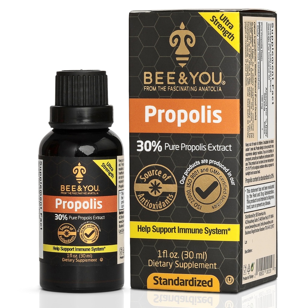 Bee and You Propolis Liquid Extract Drops, 30% Propolis, Ultra Pure, immunsupporttillæg, Sore Throat, Allergy Relief, Respiratory, Antioxidants, Keto, Paleo, Gluten- Free, 1 Fl Oz