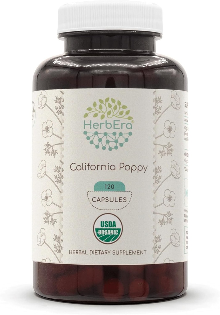 HerbEra California Poppy USDA Organic 120 Capsules Name 124; Certified Organic Vegetarian Capsules and Organic California Poppy (Eschscholzia Californica) Tørret Herb and Flower (120 Capsules)