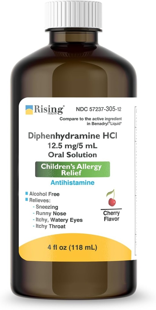 Rising Health - Allergy Relief Liquid Medicine med Diphenhydramin HCl 12.5mg / 5ml - Kids 'Allergy Syrup til symptomer som Runny Næse, Itchy Eyes & Mere - Cherry Flavor - 4 fl. oz