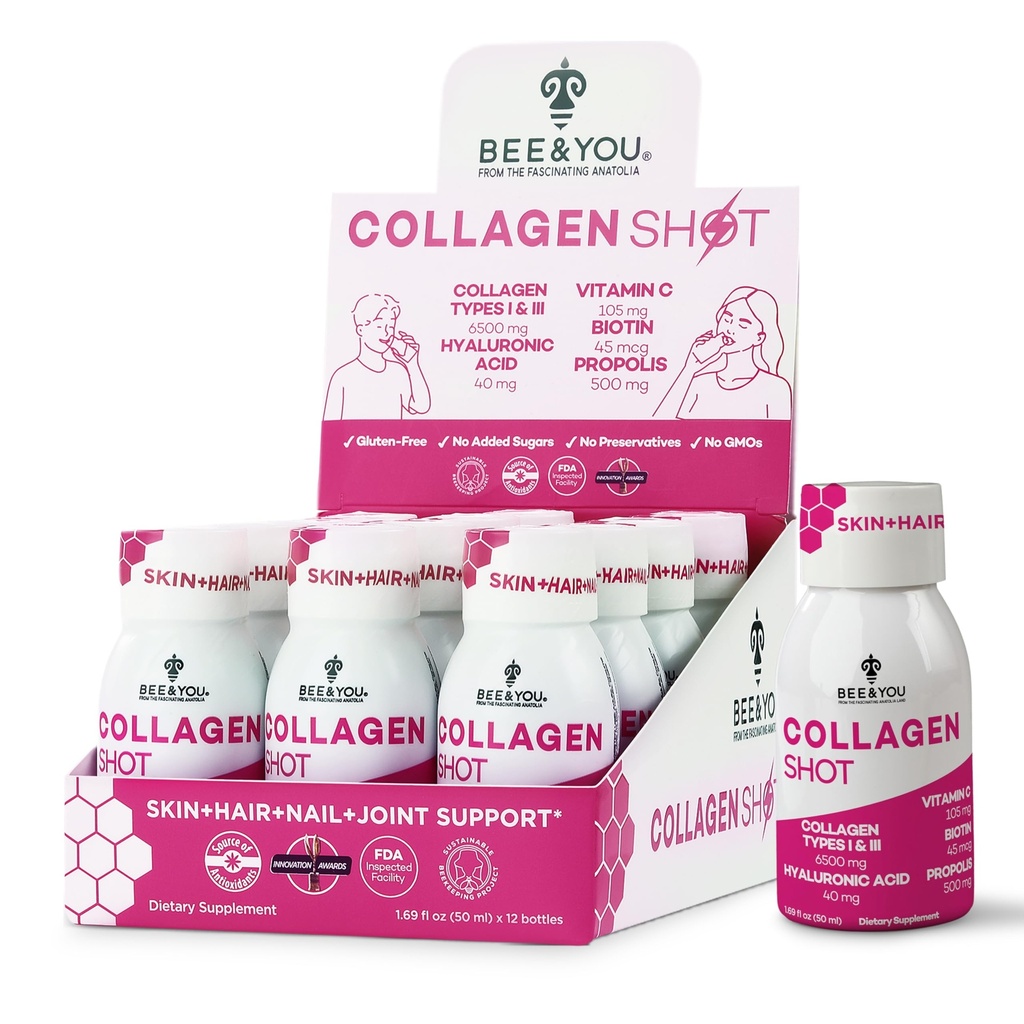 Bee and You Collagen Liquid Shot Drikke med C-vitamin, Propolis Extract, Hyaluronsyre, Biotin, Promoes Skin, Hår, Negle og fælles sundhed, 1.69 fl. Oz x 12 Pack