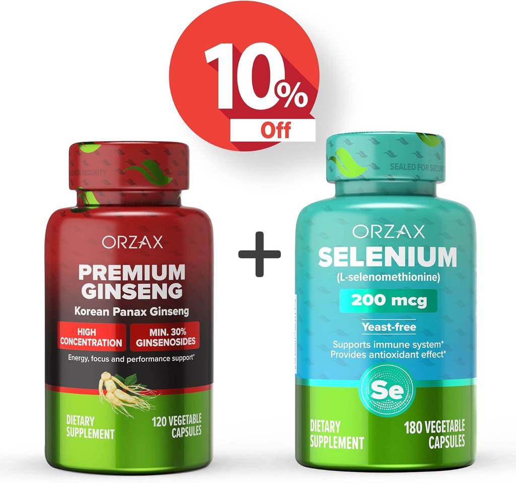 ORZAX Premium Ginseng 120 Vegaserbare kapsler og Selenium 200 Mg 180 Vegaserbare kapsler, Bundle