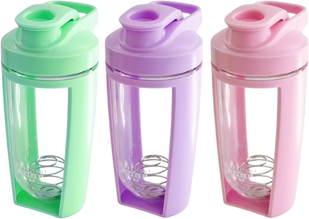 Moonlight Makers sæt af 3 Cute 16oz Protein Shaker Flaske, Steel Whisk Ball - Læbefast, Opvaskemaskine Safe Gym Flaske, Shaker Cups til Protein Shakes, Preworkout Drinks Mixer Cup - Pink, Grøn, Lilla