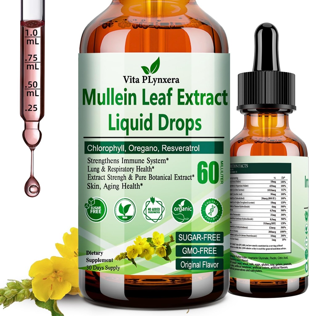 Mullein Drops til Lungs, Organic Mullein Leaf Extract for Lung Detox w. Chlorophyll Elderberry Oregano Oil Resveratrol Mullein Tincture Alkohol Free, Original Flavor, 2 f Fl / Oz