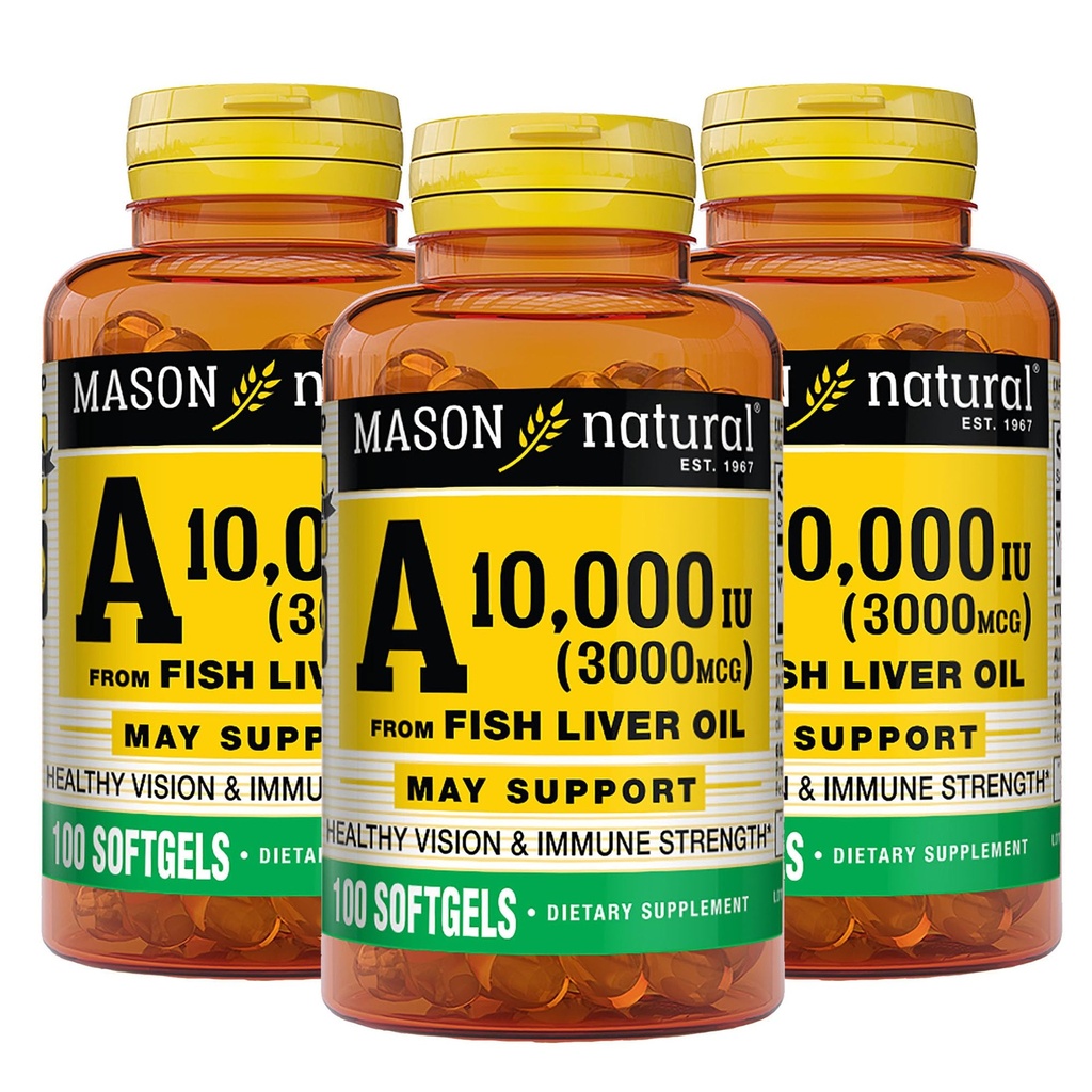 MASON NATURAL Vitamin A 3000 mcg (10.000 IE) fra Fish Liver Oil, Understøtter Vision & immunforsvar, 100 Softgels, pakke med 3