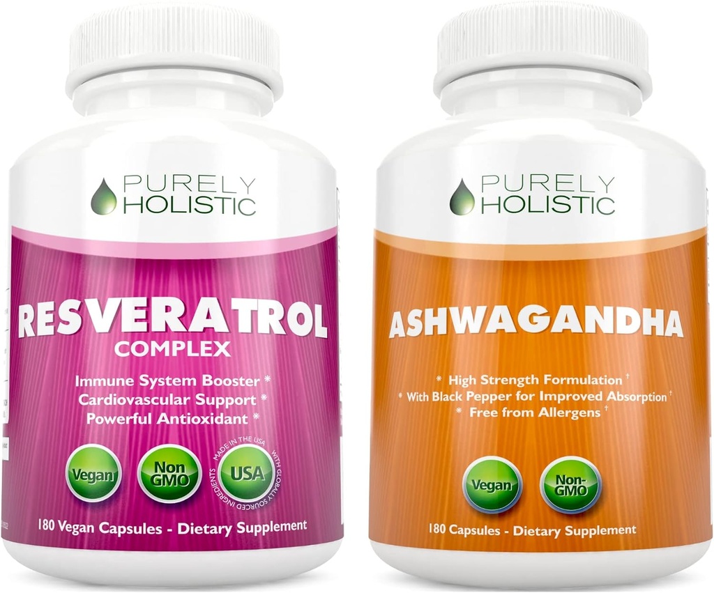 Purely Holistic Resveratrol 1450mg + Organic Ashwagandha 1300mg & Black Pepper - Vegan Bundle - 180 + 180 Capsules - Packed with Potent Antioxidants - Made in USA