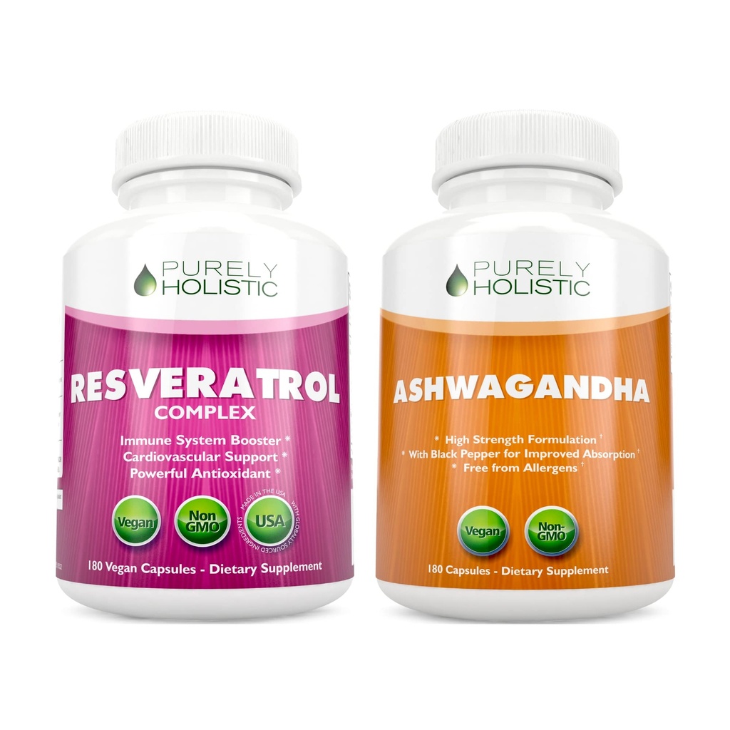 Rent Holistisk Resveratrol 1450mg + Organic Ashwagandha 1300mg & Black Pepper - Vegan Bundle - 180 + 180 kapsler - pakket med potente antioxidanter - Made in USA