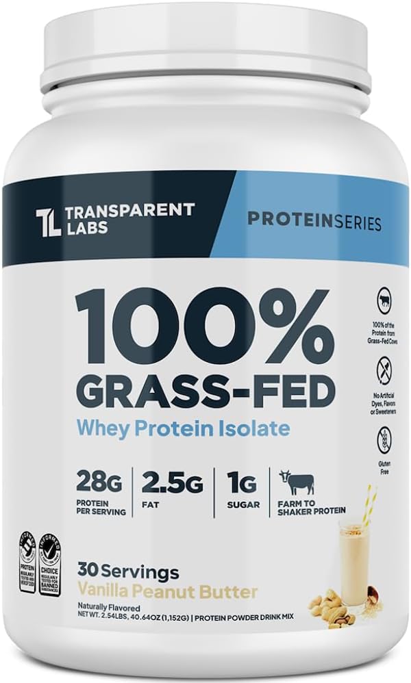 Transparent Labs Grass-Fed Whey Protein Isolate - Naturally Flavored, Gluten Free Whey Protein Powder with 28g of Protein per Serving & 9 Amino Acids - 30 Servings, Vanilla Peanut Butter