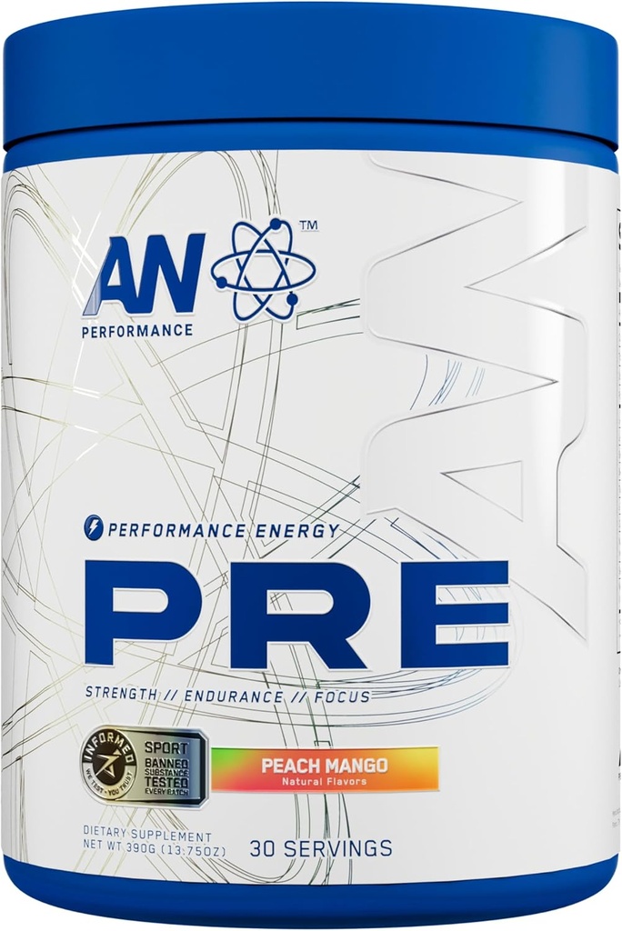 AN Performance Pre- Workout Powder Supplement for mænd & kvinder; Energy Drink Mix med 300mg Koffein + Beta Alanine + Citrullin • 124; Third- Party Testet med 124; Peach Mango • 124; 30 Serveringer