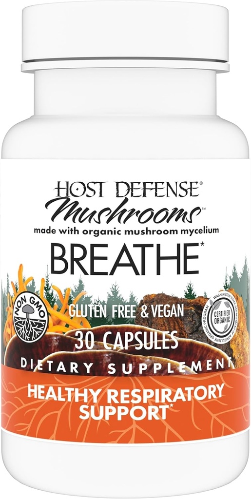 Host Defense Breathe* Capsules - Immune & Respiratory Support Mushroom Supplement - Herbal Lung Health Supplement with Chaga, Reishi & Cordyceps - 30 Capsules (15 Servings)*