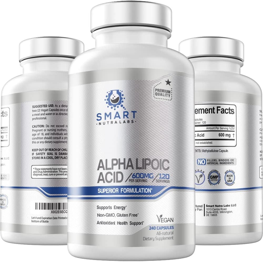 Alpha Lipoic Acid 600 mg per servering, 240 Vegansk Capsules - Gluten Free, Pure Non- GMO ALA- Understøtter energi & Anti oxidant