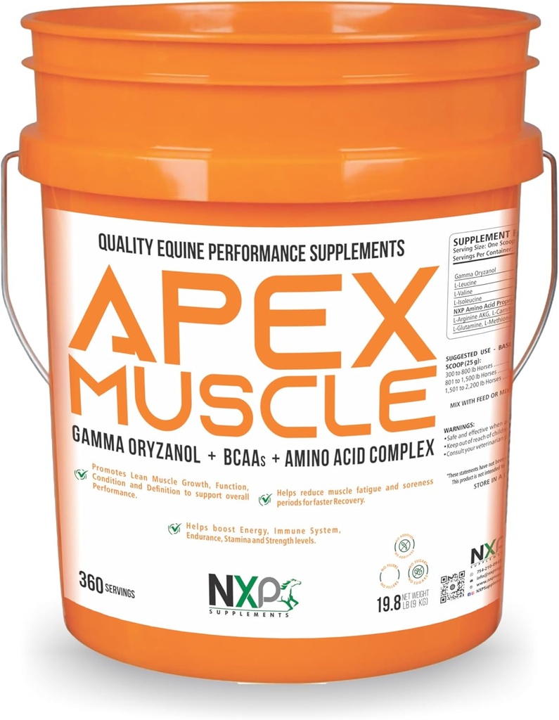 APEX Muscle, Body & Strength Builder for Heste - Energi, Endurance, Stamina, Inddrivelse Support - Gamma Oryzanol BCAA Aminosyrer Lysin Carnitin L- Arginin AKG 19,8 lb (360 Servere)