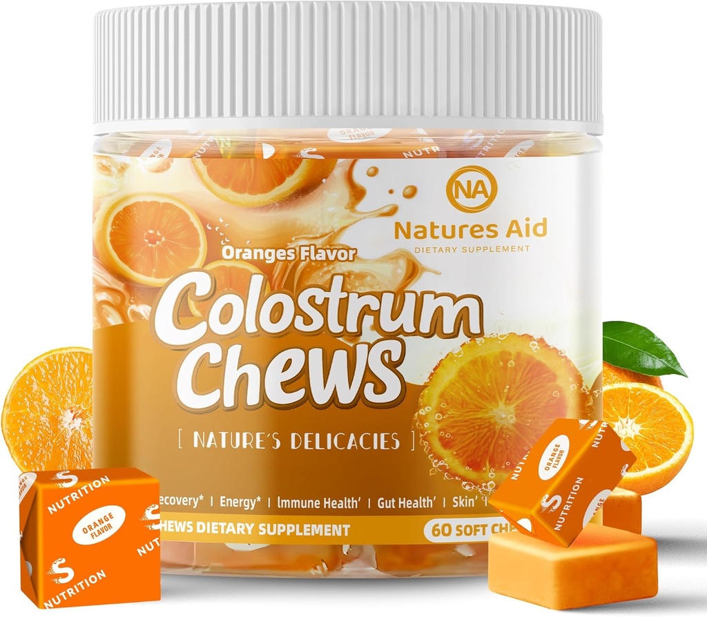 Colostrum Chews Supplement med probiotika til Gut Sundhed, Bloating, immunforsvar, hud, hårvækst og skønhed - Orange Flavor (60 Servere)