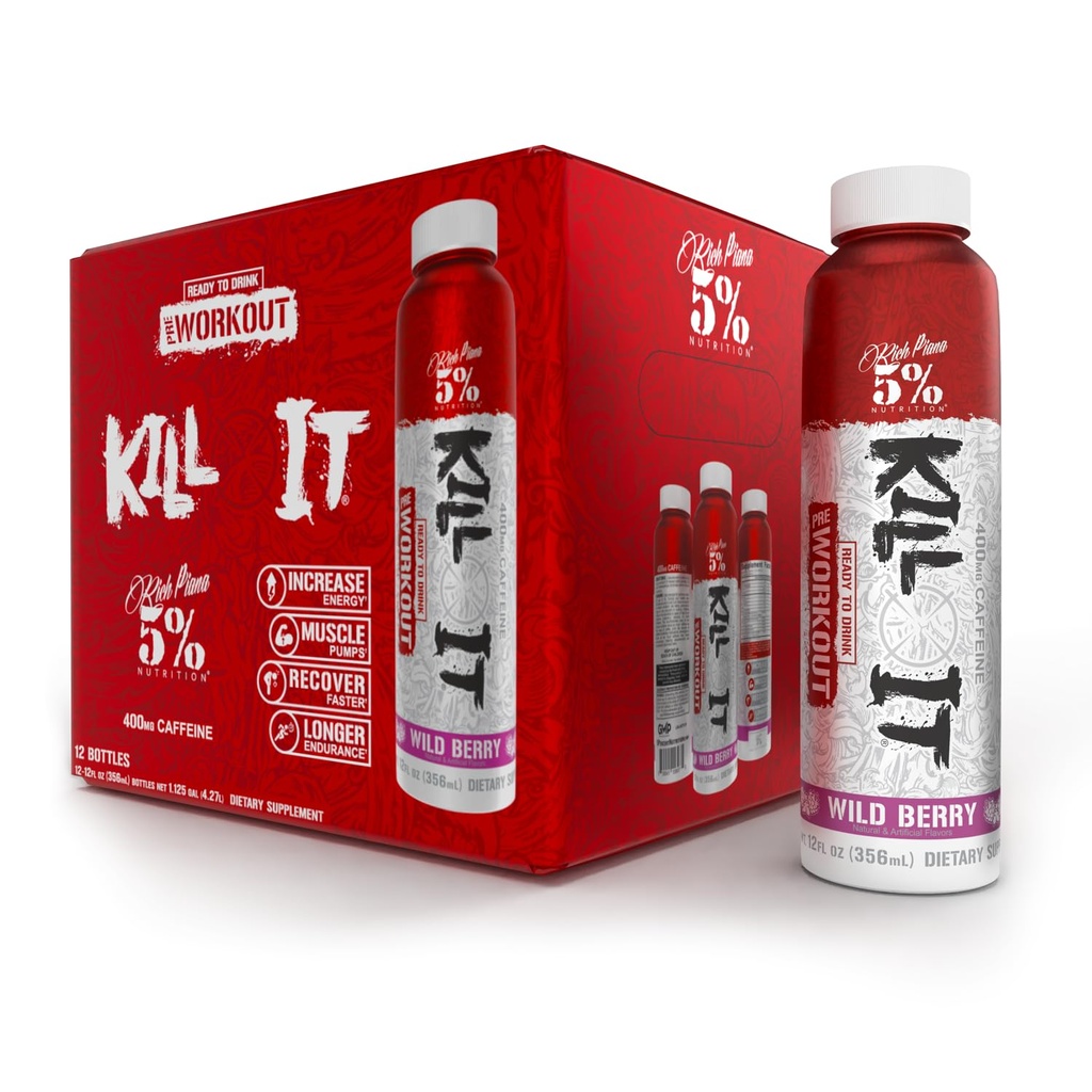 5% Nutrition Kill It Ready- to- Drink High Stim Pre Workout (124; 400mg Koffein Energy Drink) 124; Ekstrem Pump, Endurance, Focus & Hydration (124; Citrullin, Beta Alanine, Taurin) 124; 12 Pack (Wild Berry)
