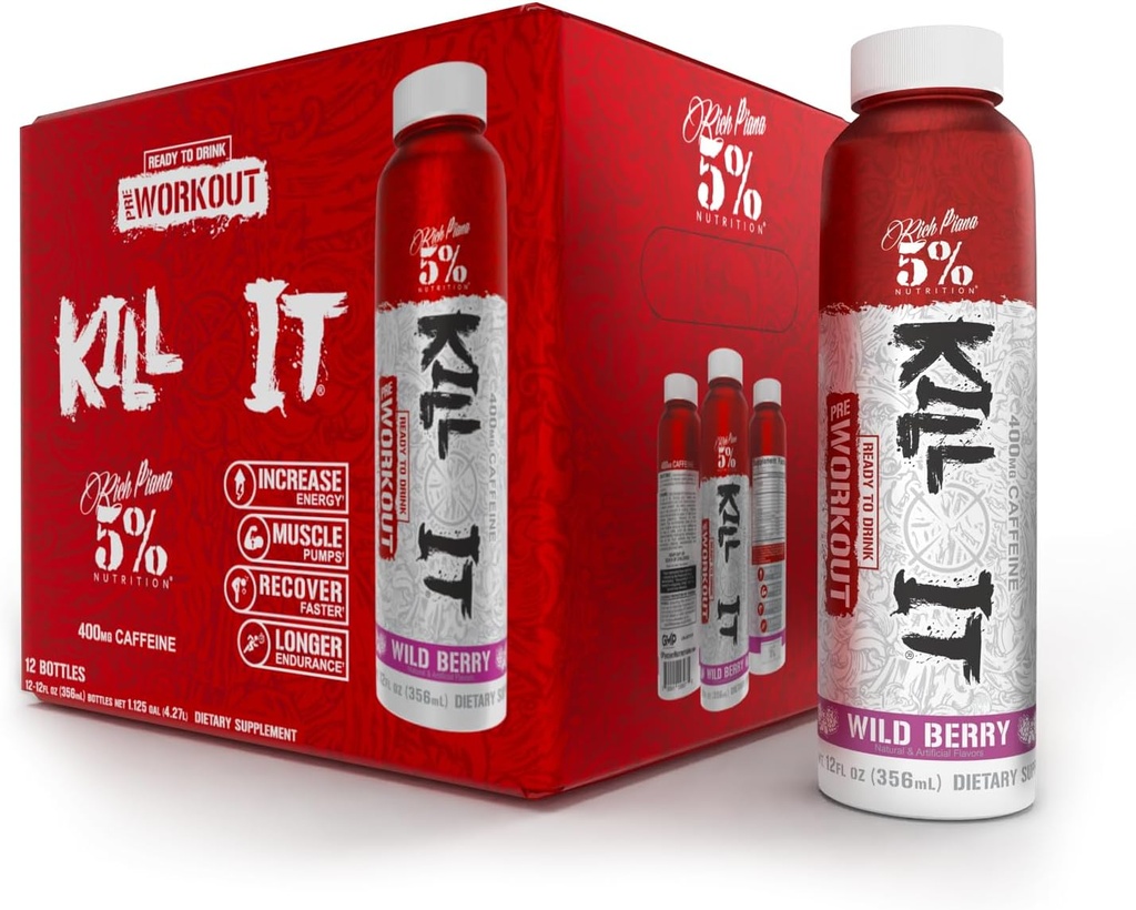 5% Nutrition Kill It Ready- to- Drink High Stim Pre Workout (124; 400mg Koffein Energy Drink) 124; Ekstrem Pump, Endurance, Focus & Hydration (124; Citrullin, Beta Alanine, Taurin) 124; 12 Pack (Wild Berry)