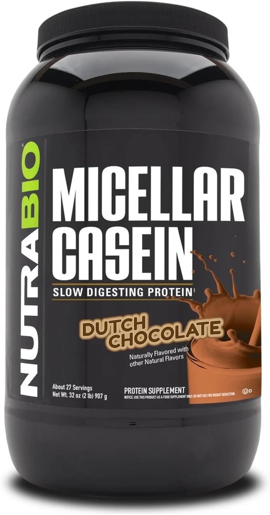 NutraBio Casein Protein Powder, Micellar Casien Powder, 25g Slow Digesting Protein, Hjælper holde dig fuld, Overnight Muscle Recovery & Growth, BCAA & EAA, Gluten Free, Soy Free, 2lb Chokolade