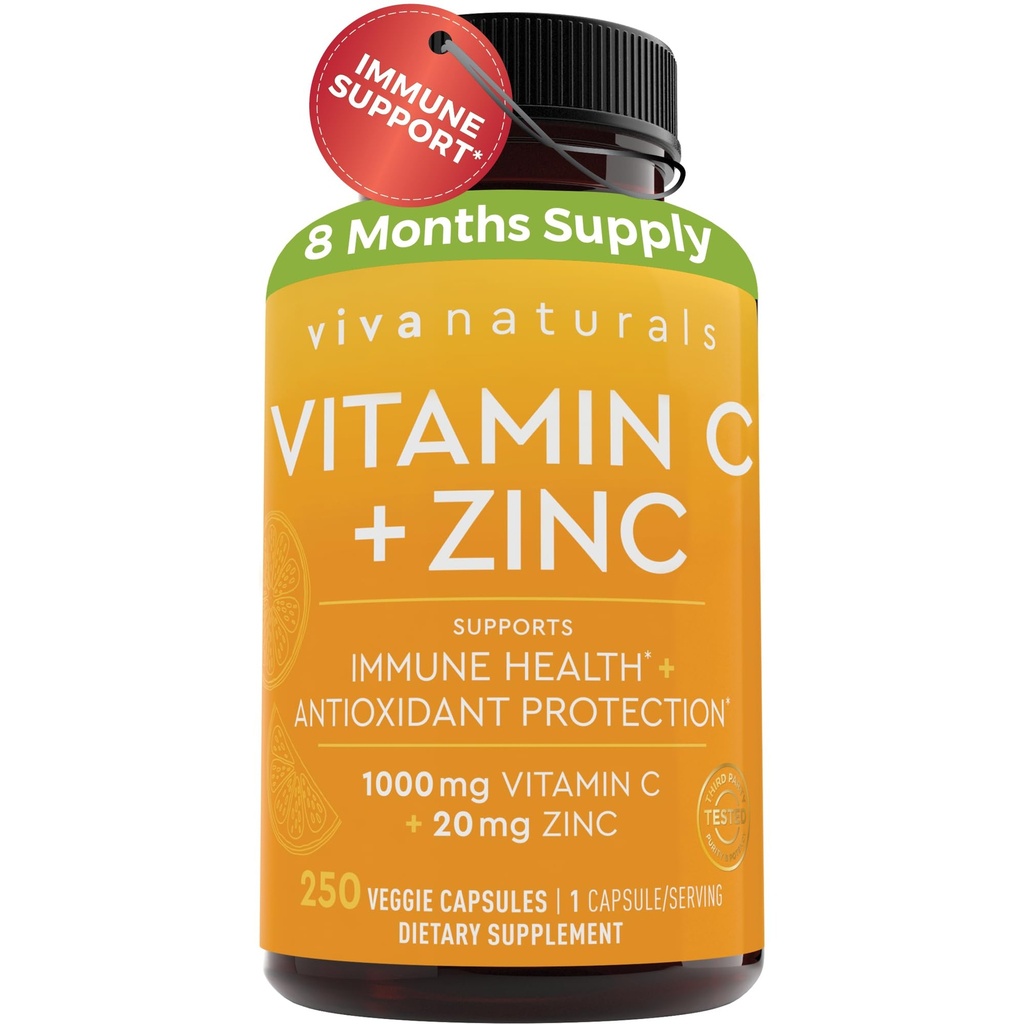 Viva Naturals C- og Zinktilskud (250 kapsler) - 1000 mg vitamin C med zink 20 mg antioxidant tilskud til immunstøtte, Vitamin supplement til voksne