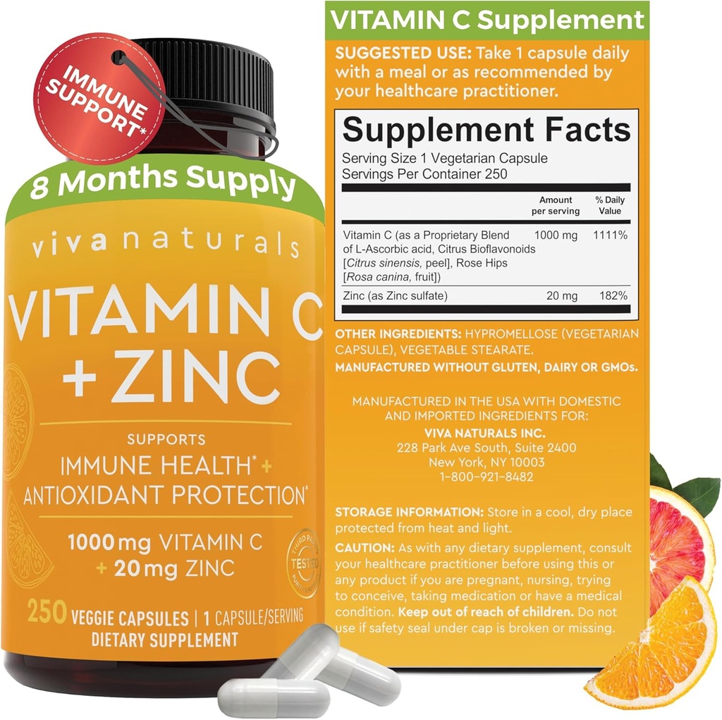 Viva Naturals C- og Zinktilskud (250 kapsler) - 1000 mg vitamin C med zink 20 mg antioxidant tilskud til immunstøtte, Vitamin supplement til voksne