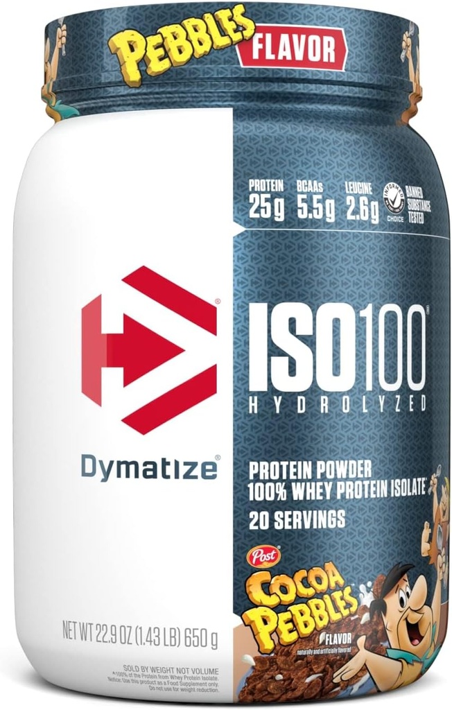 Dymatize x Kakao Småsten ISO100 Whey Protein Powder Isolate, 25g protein, 20 Servering, 5,5g BCAA, 120 Cal., Gluten Free, 1g fedt, 1g sukker, 2g Carb
