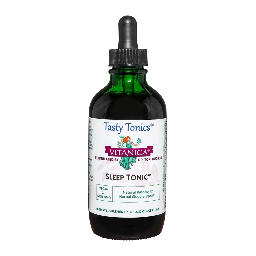 Vitanica Sleep Tonic, Natural Liquid Sleep Support, Dr. Formuleret, Afslapning og rolig støtte til voksne, Stress Relief, Valerian Root, Lemon Balm, Passion Flower, Vegan, 4 Ounce