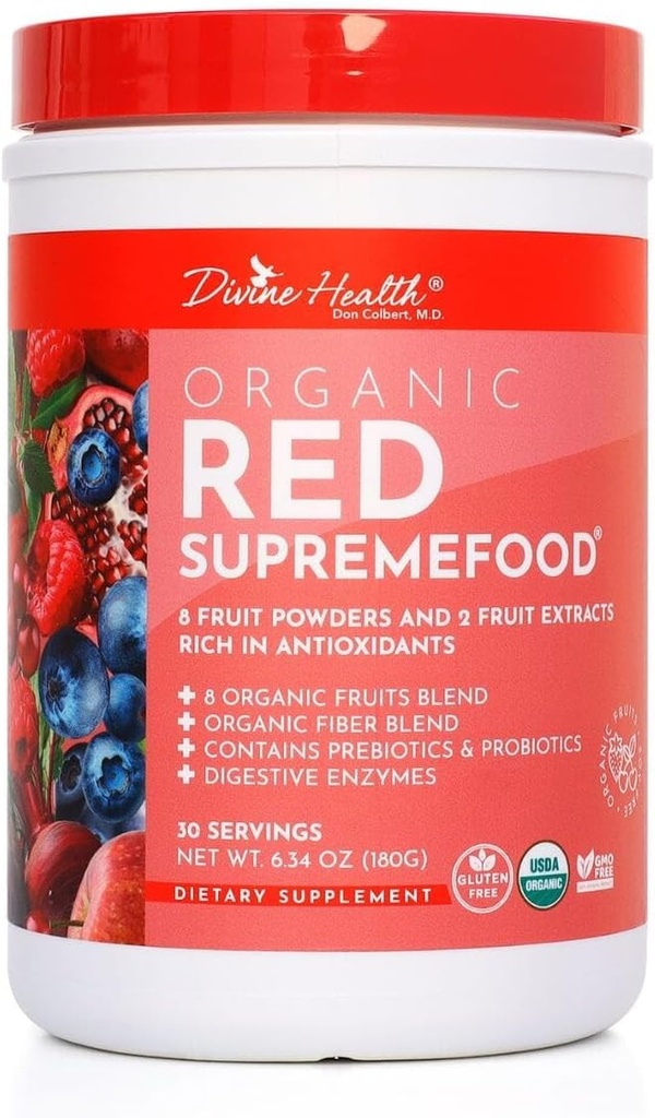 Divine Health Organic Red Supremefood® | 10 Organic Fruits + Probiotics, Enzymes, Herbs, Fiber & Antioxidants | Non-GMO Berry Flavored Blend | (180g) (30 Day Supply)