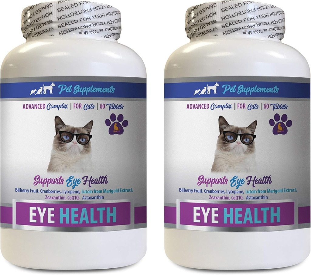 Cat Eyesight Supplement - Cats Eye Health Complex - Avanceret formel for øjensyn - immunboost - Bilbær til katte - 2 flasker (120 tabletter)