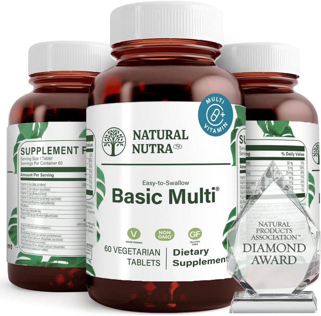 Naturlig Nutra Multivitamin og Mineral til kvinder og mænd, En dag Vitamin og tillæg, Vitamin B1, Calcium, Jern, Phosphorus, Vegetarisk, Gluten- fri, 60 Let at synke tabletter