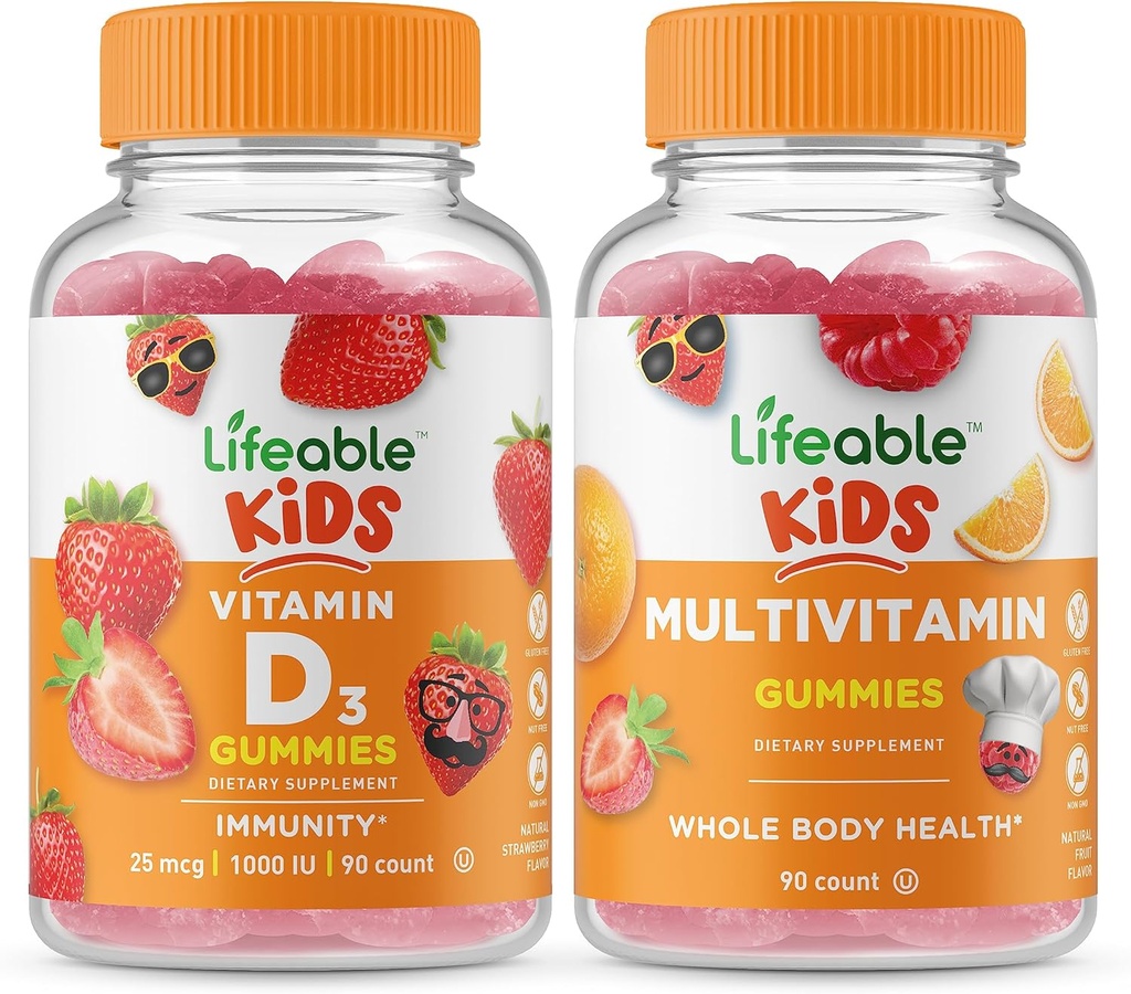 Livbare D-vitamin Kids + Multivitamin Kids, Gummies Bundle - Great Tasting, Vitamin Supplement, Gluten Free, GMO Free, Chewable Gummy
