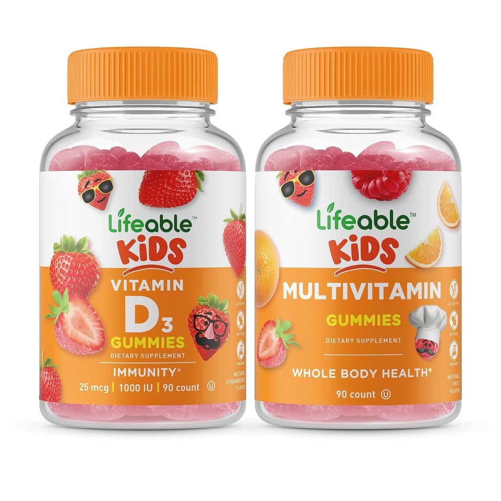 Livbare D-vitamin Kids + Multivitamin Kids, Gummies Bundle - Great Tasting, Vitamin Supplement, Gluten Free, GMO Free, Chewable Gummy